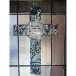 AMIA Hand Painted Stained Glass Cross Ps 27:1 Lord Is Strength, Blue Bird Floral